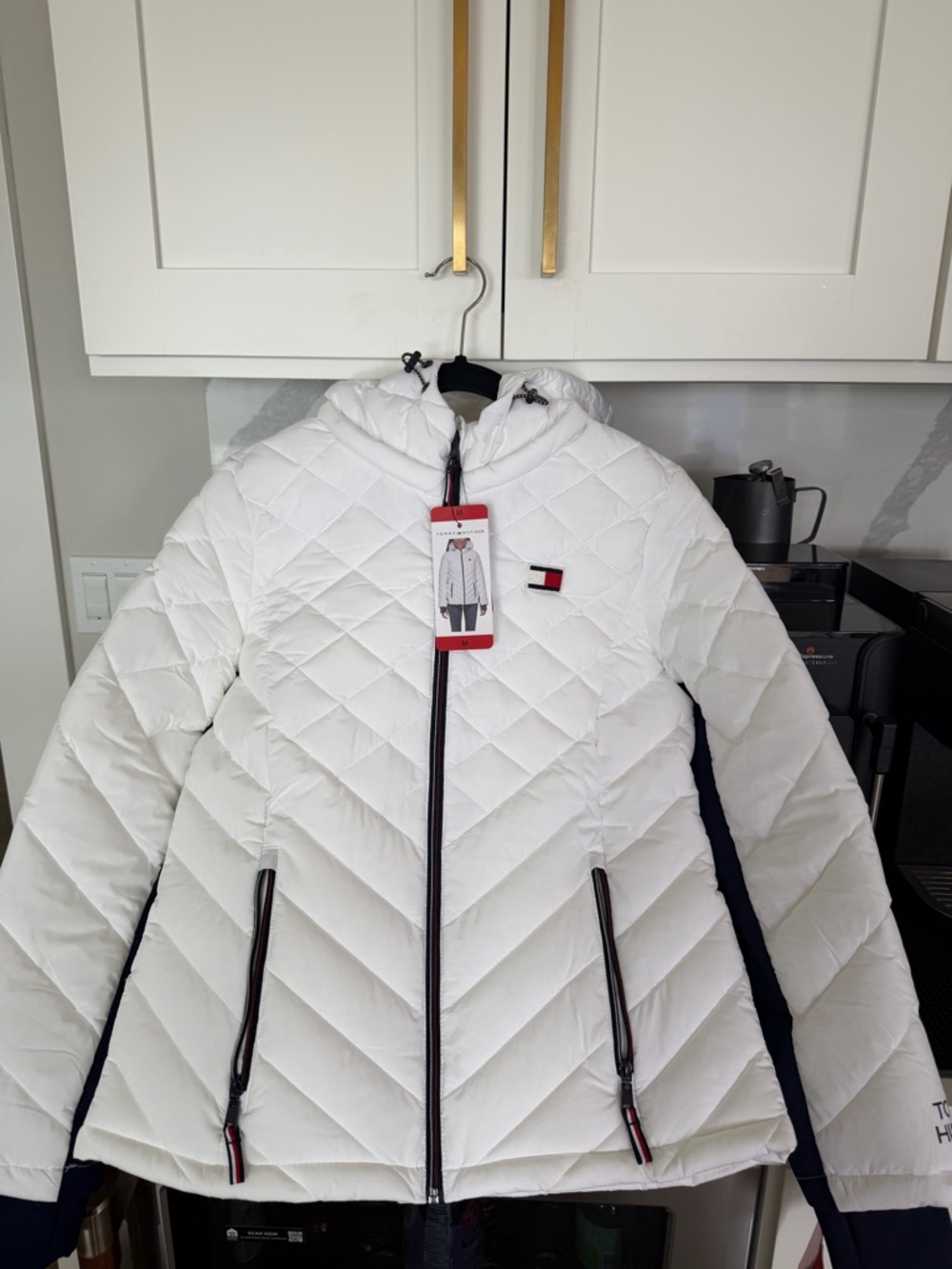 Tommy Hilfiger White Quilted Hooded Puffer with Navy Trim